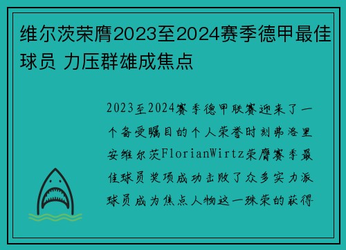 维尔茨荣膺2023至2024赛季德甲最佳球员 力压群雄成焦点