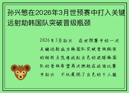孙兴慜在2026年3月世预赛中打入关键远射助韩国队突破晋级瓶颈